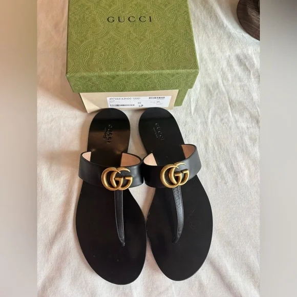 Gucci GG Marmont Leather Thong Sandals • Black • Size 39 - Picture 2 of 8